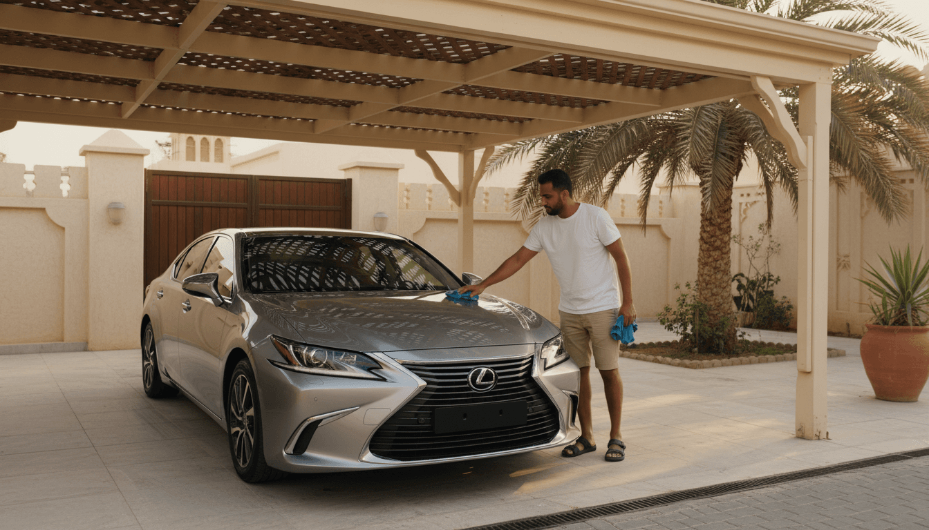 Car parked in shaded residential storage area with owner performing routine maintenance check in Riyadh