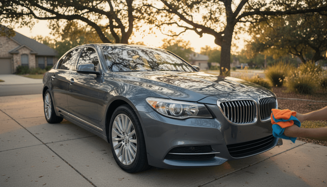 Well-maintained car parked in shaded residential area with proper care