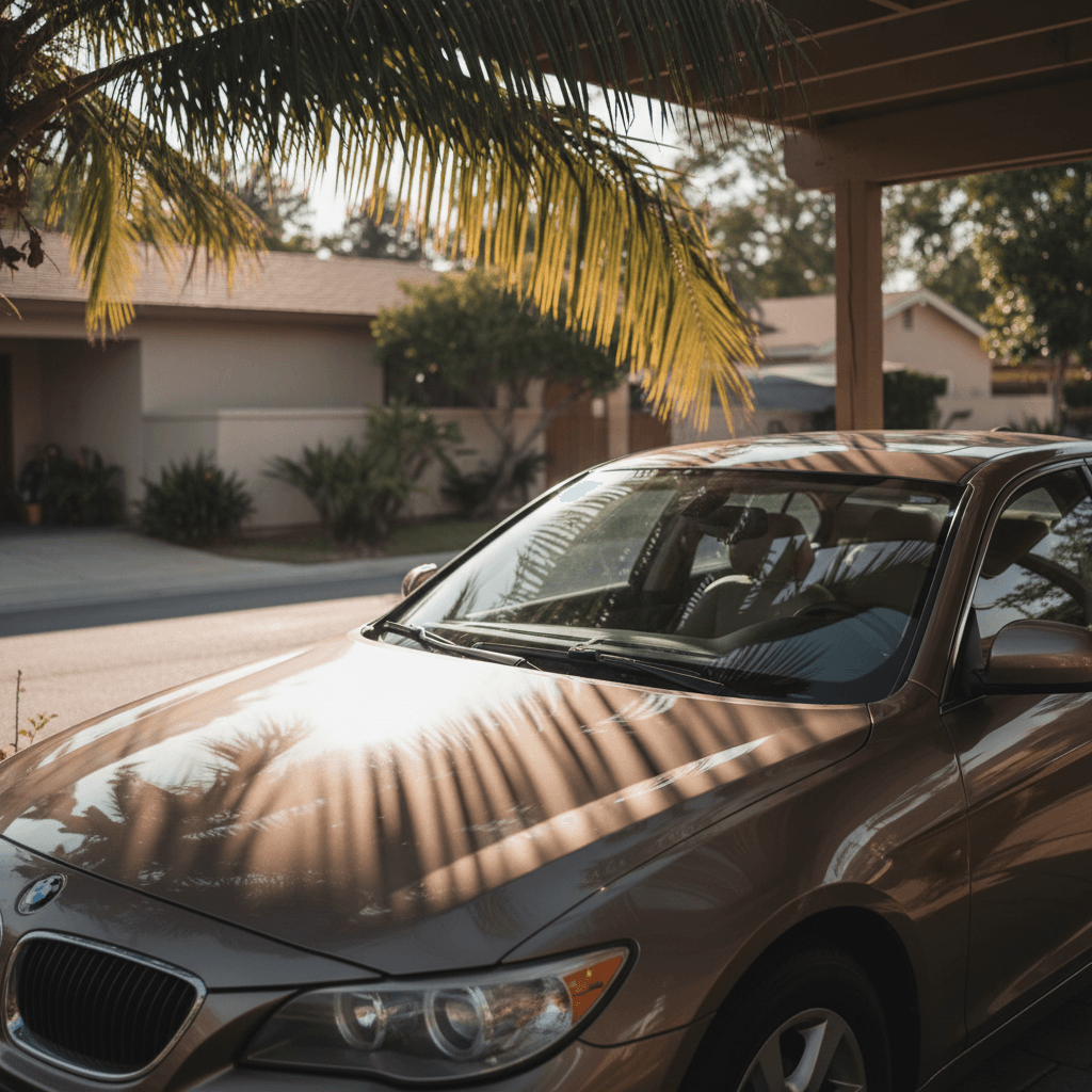 Car parked in shaded residential storage area