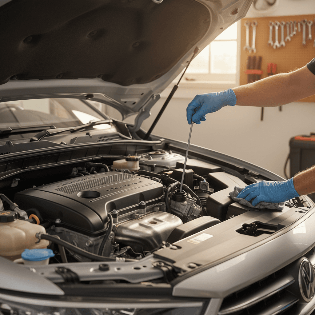 Engine maintenance and fluid checks being performed