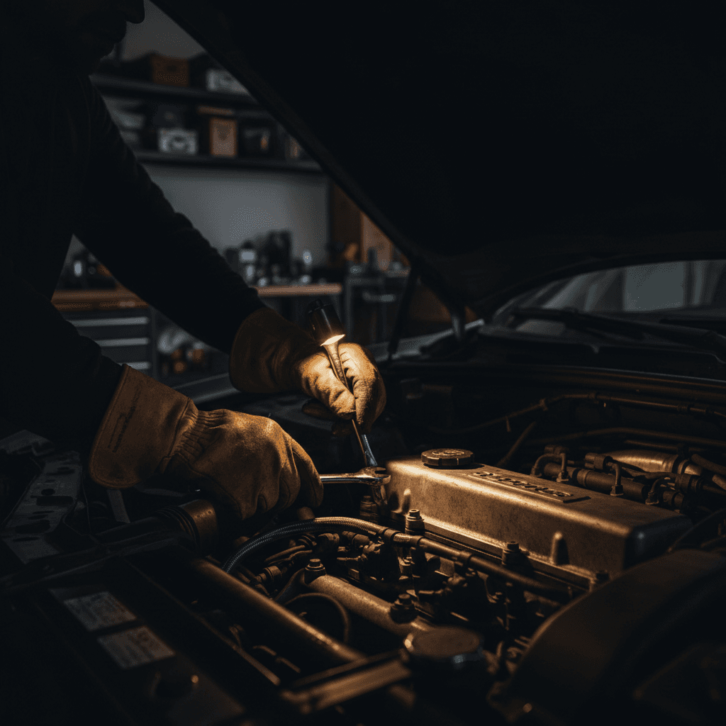 Hands performing vehicle maintenance check