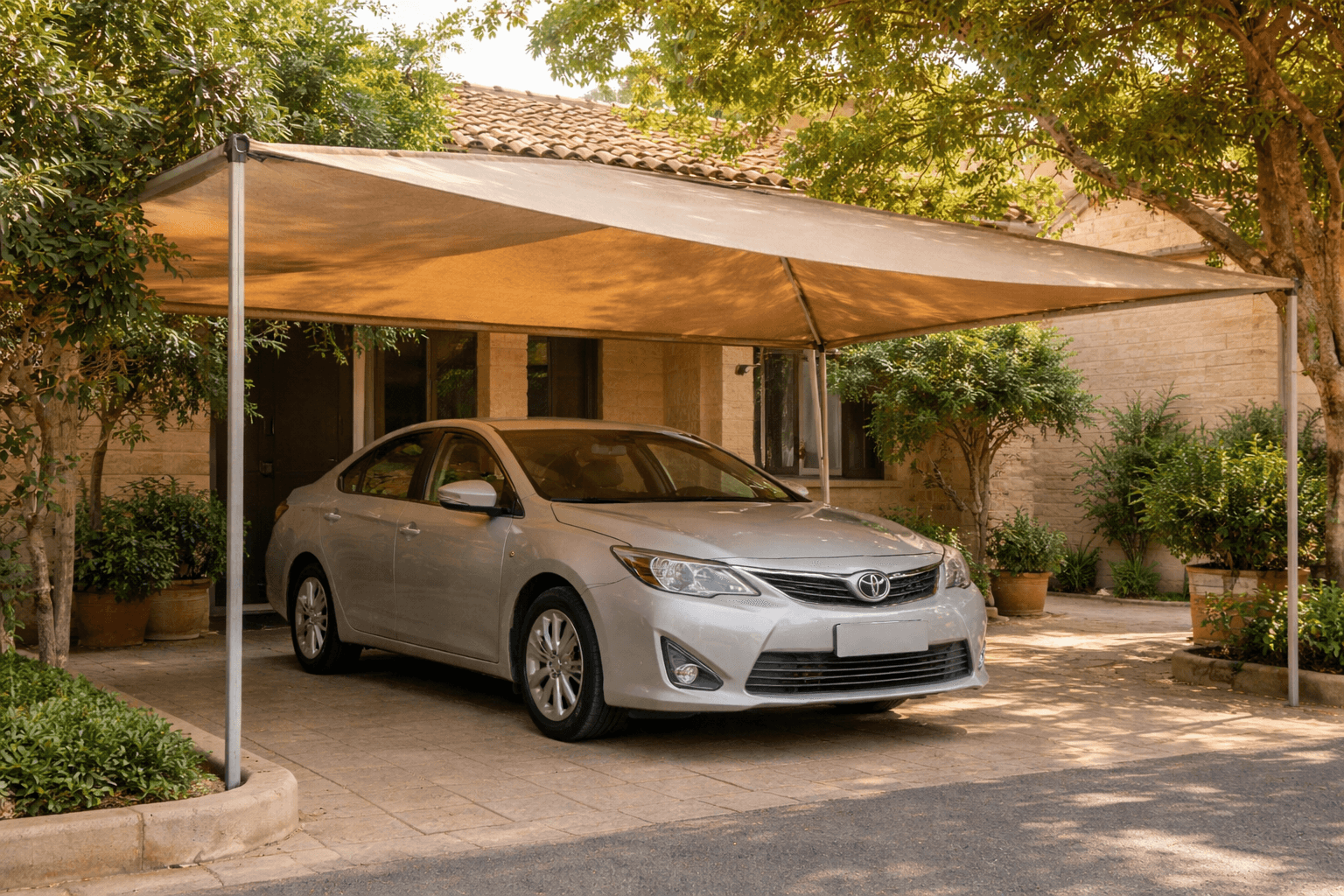 Silver Toyota sedan parked under a tan fabric sunshade in a lush, stone-paved driveway.