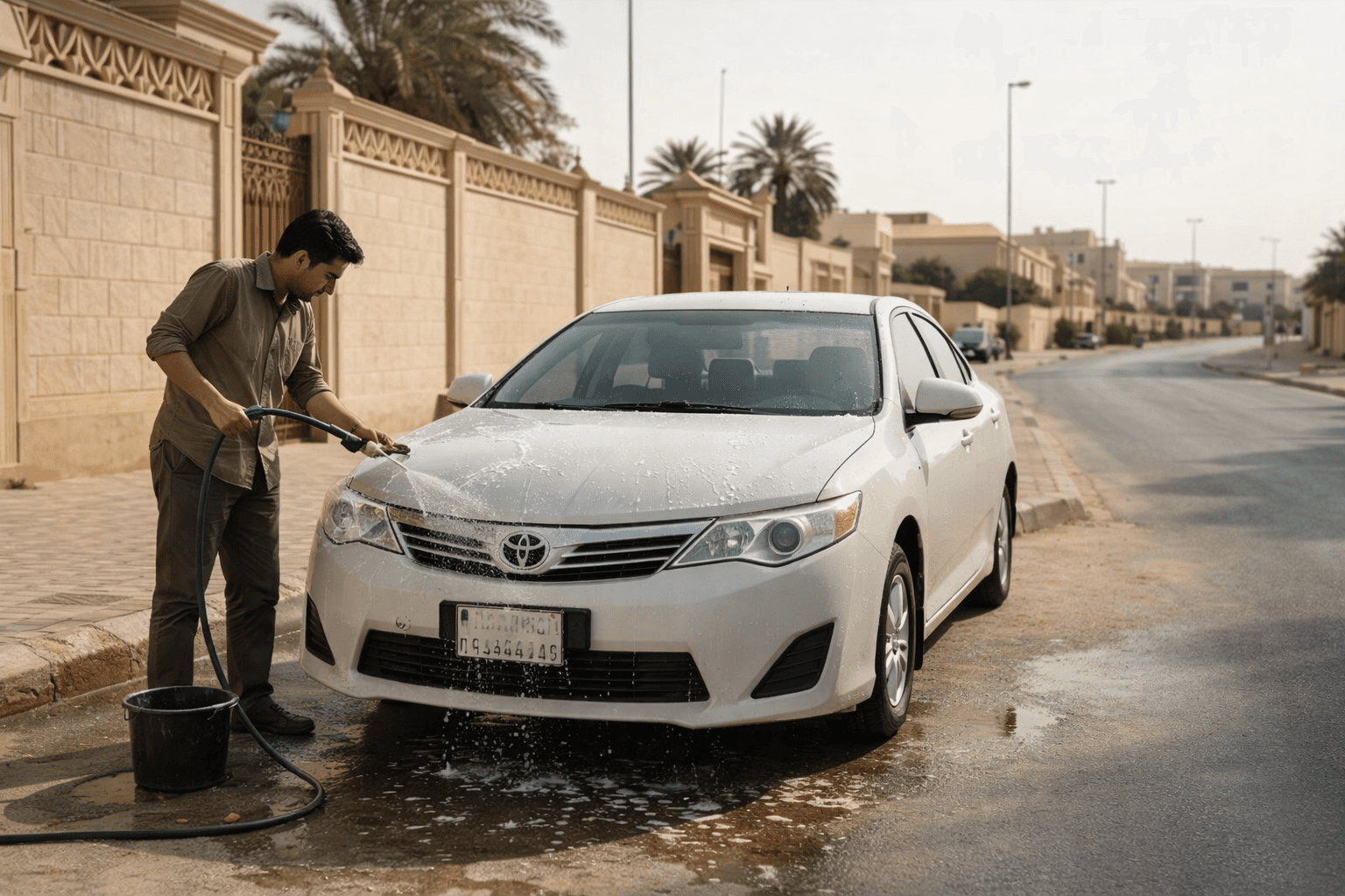 Man washing a white Toyota sedan with a hose on a sunny residential street.