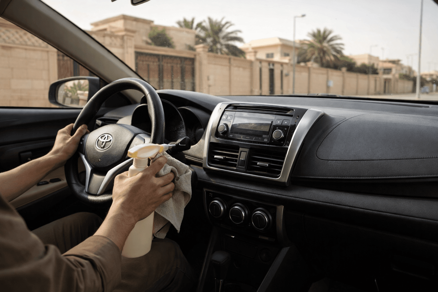 Hands cleaning a car interior dashboard and steering wheel using a spray bottle and cloth.